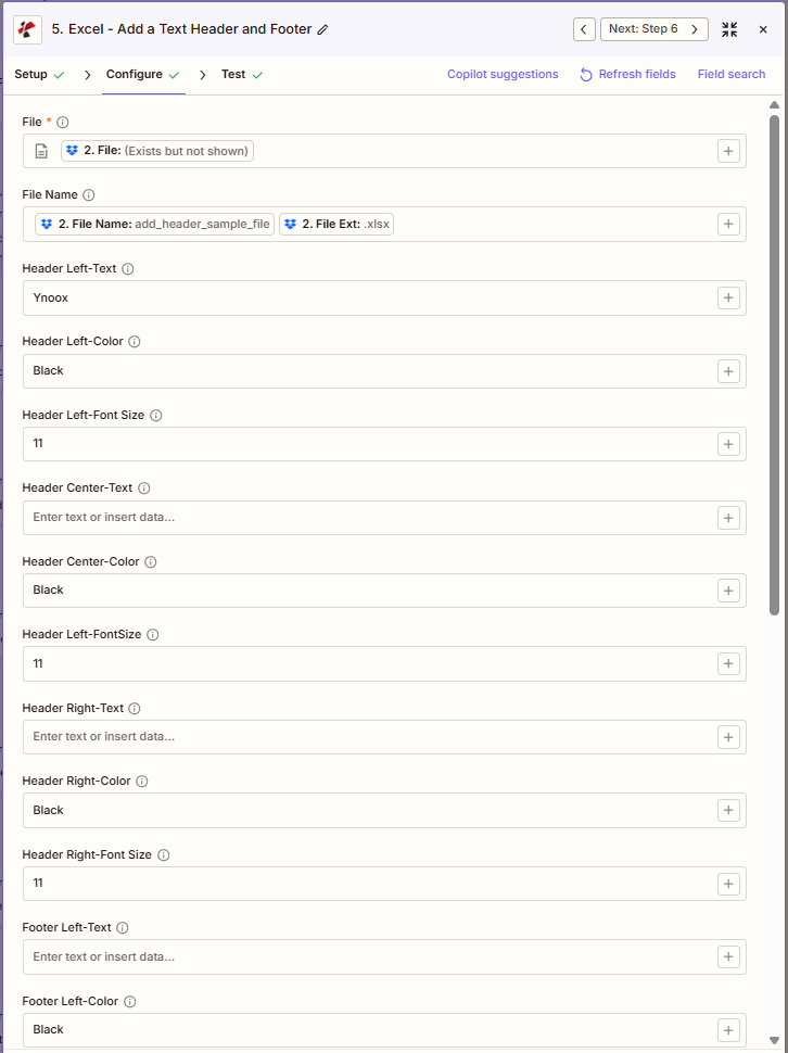 PDF4me Excel: Text in Kopf- und Fußzeile hinzufügen (Zapier-Konfiguration, Teil 1) – Datei, Dateiname, Textposition (links/zentriert/rechts), Farbe, Schriftgröße